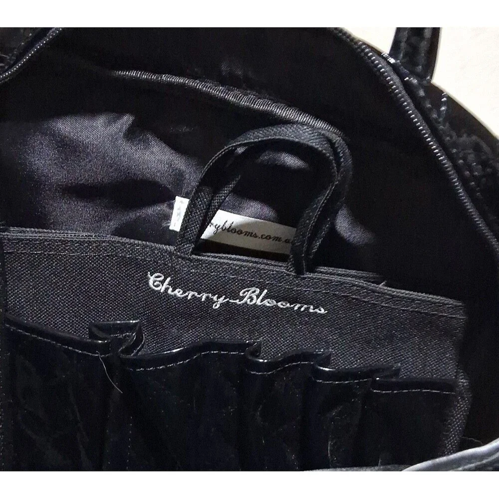 Cherry Blooms Black Soft Leather Quilted Cosmetic Bag + Organizer